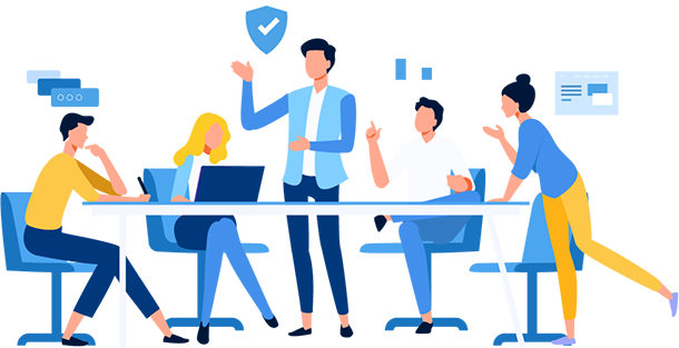 Illustration representing the Soteria team in action, helping to keep companies secure through their multitude of services and security packages.