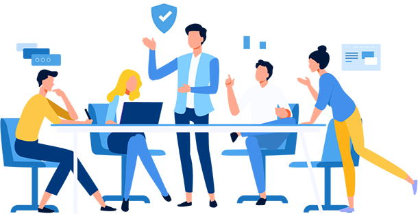 Illustration representing the Soteria team in action, helping to keep companies secure through their multitude of services and security packages.